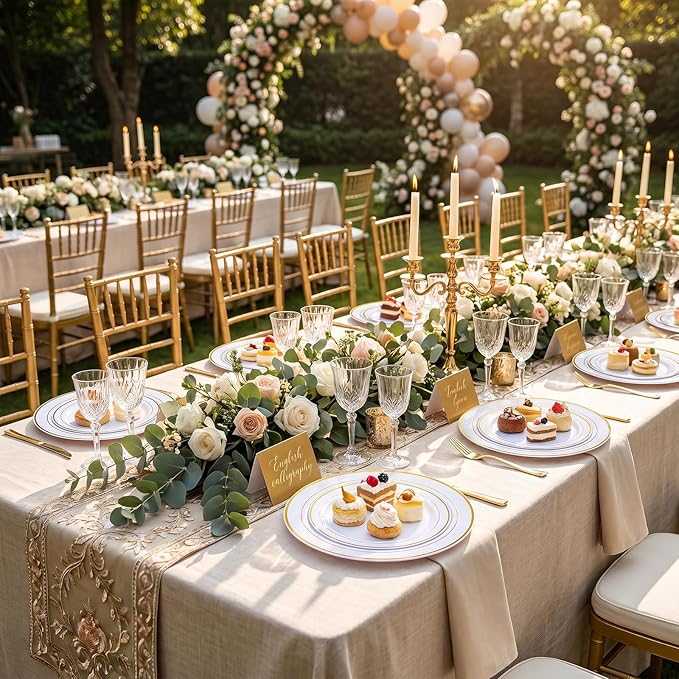 I00000 102 Pieces Gold Plastic Plates, Disposable Party Plates White Gold Rim, 51 Disposable Gold Dinner Plates 10.25 Inch and 51 Disposable Dessert Appetizer Elegant Fancy Wedding Plates 7.5 Inch
