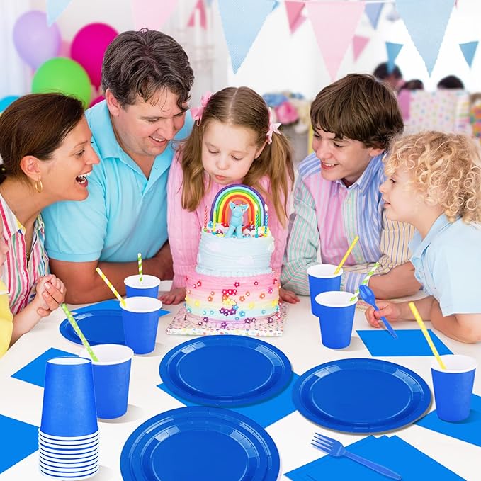 228PCS Blue Party Supplies Set Include Paper Plates Cups Blue Napkins Plastic Spoons Forks Knives for 30 Guests Disposable Party Dinnerware for Birthday Wedding Family Picnic