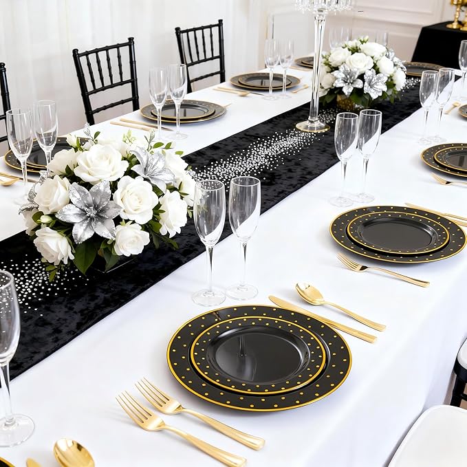 I00000 102 Pcs Black and Gold Plastic Plates, Black Disposable Party Plates Include 51 Dinner Plate 10.25’’ and 51 Dessert Plate 7.5’’ Perfect for Birthday, Wedding & Party