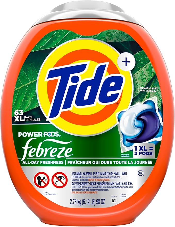 Tide Power Pods with Febreze Laundry Detergent Pacs, 63 Count, Botanical Rain Scent, All-Day Freshness