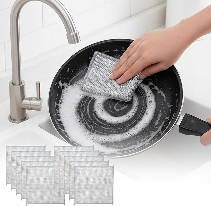 10PCS Steel Wool Dish Cloth 2-Layer – Reusable Metal Non-Scratch Multipurpose Dishwashing Rags for Wet & Dry Cleaning, Durable Diamond Weave Scrubber Pads for Kitchen Sinks Pots Pans Stove Top