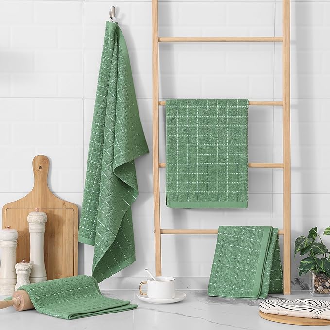 Homaxy 100% Cotton Terry Kitchen Towels(Grass Green, 20 x 28 inches), Checkered Designed, Soft and Super Absorbent Dish Towels, Large 4 Pack