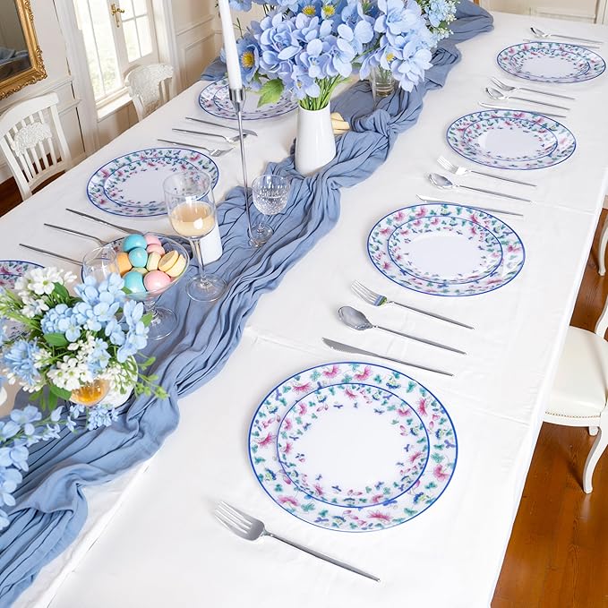 30Pcs Blue Plastic Plates - Butterfly Plates Disposable Heavy Duty, Fancy Floral Pattern Perfect for Weddings, Tea Parties, Holidays - 10.25" Dinner & 7.5" Dessert Plastic Plate