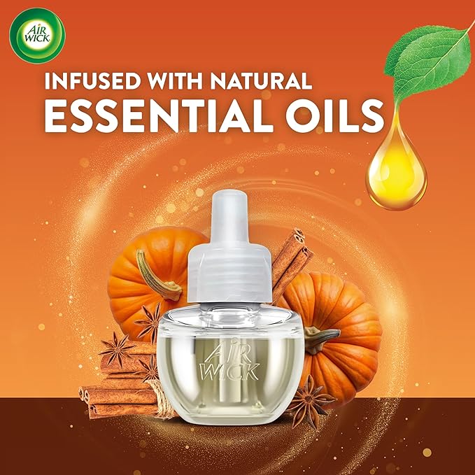 Air Wick Plug In Scented Oil Refill, Infused with Essential Oils, Plug In Air Fresheners for Home, Pumpkin Spice, 4 ct