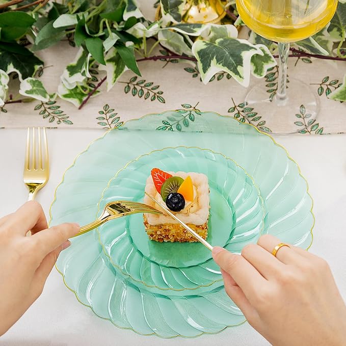 YOUBET 125PCS Clear Green Plastic Plates with Gold Rim - Green and Gold Plastic Plates Include 25 Dinner Plate 25 Dessert Plate 75 Disposable Silverwares for Wedding & Party