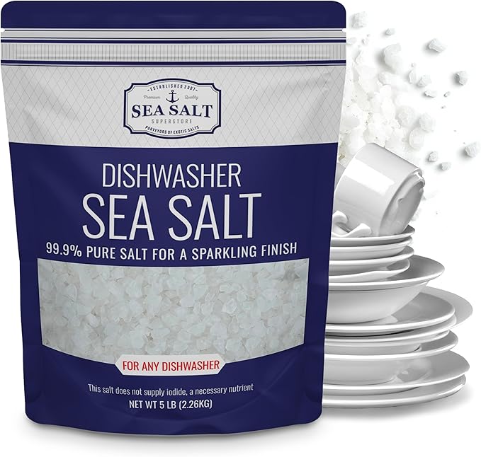 Dishwasher Salt, Natural Water Softener, Food Grade Coarse Sea Salt Compatible with Miele, Thermador, Whirlpool, & Bosch Dishwasher 5 lb Bag