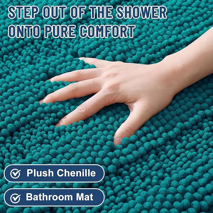Grandaily Chenille Striped Bathroom Rugs 24x16, Extra Thick and Soft Absorbent Bath Mats, Rubber Backing, Plush Shaggy Shower Carpet, Machine Wash Dry, Bath Rug for Bathroom, Deep Lake