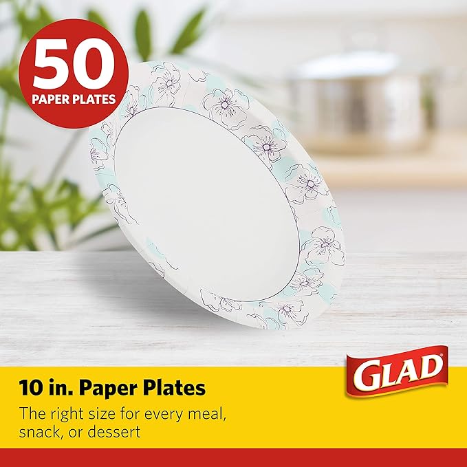 Glad Round Disposable Paper Plates, Blue Flower Design, Heavy Duty Soak Proof Cut Resistant Microwave Safe Plates for Meals, Parties, Picnics, and Events, 10 Inch, 50 Count