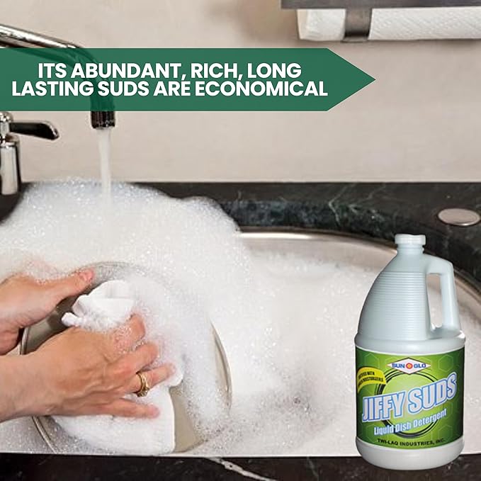Sun-Glo Jiffy Sudz - Your Essential Dishwashing Liquid for Sparkling Dishes & Glassware. Gentle on Hands. (4x1 Gallon Case)