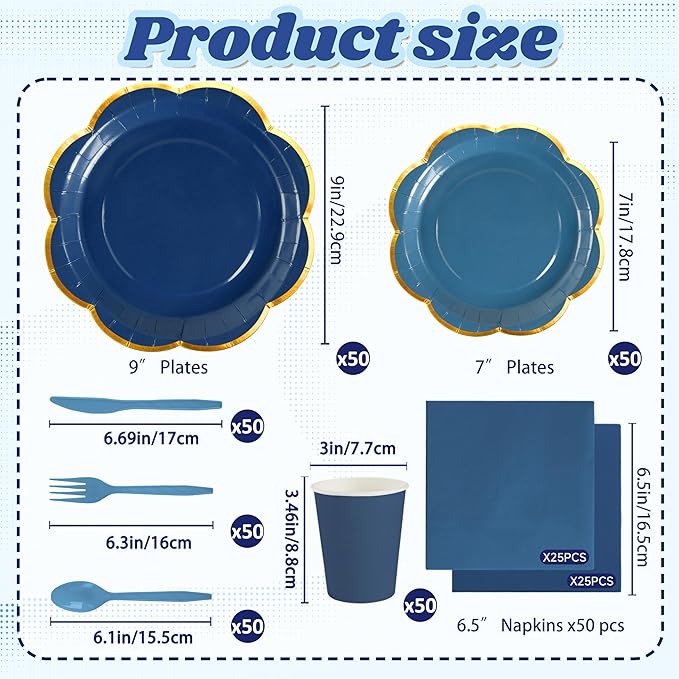 Navy Blue Paper Plates and Napkins Party Supplies for 50 Guest, 350Pcs Blue Scalloped Party Plate with Gold Rim, Blue Disposable Plates Set for Graduation Birthday Party Baby Shower Gender Reveal