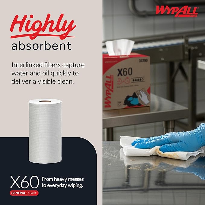 WypAll GeneralClean X60 Cloths Multi-Task Cleaning Wipes (35401), Strong and Absorbent Towels, White (130 Sheets/Roll, 12 Rolls, 1,560 Sheet Total)