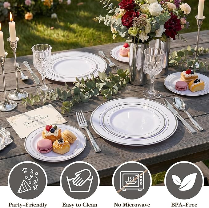 I00000 102pcs Silver Plastic Plates, Disposable Plastic Party Plates with White Silver Rim Fancy Wedding Party Plates Include 51 Dinner Plates 10.25" and 51 Dessert Appetizer Plates 7.5"