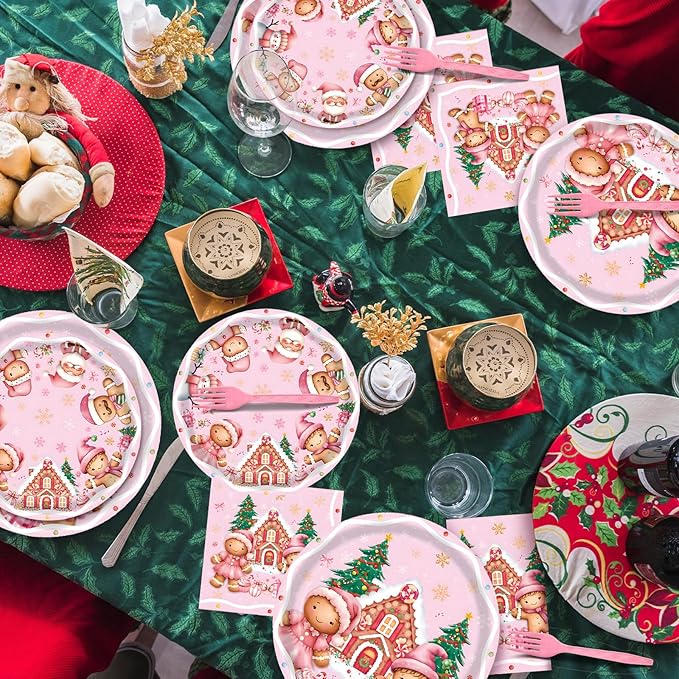 100 Pieces Pink Christmas Party Tableware Set – Gingerbread Round Plates, Napkins and Forks, Disposable Dinnerware for Christmas Birthday, Holiday and Winter Party Supplies
