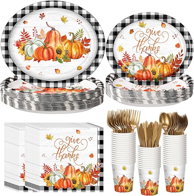Havawish 350 Pcs Fall Thanksgiving Party Supplies Give Thanks Tableware Set Black White Buffalo Plaids Pumpkin Disposable Oval Plates Cups Napkins Fork Knife Spoon Dinnerware for Autumn Table Decor