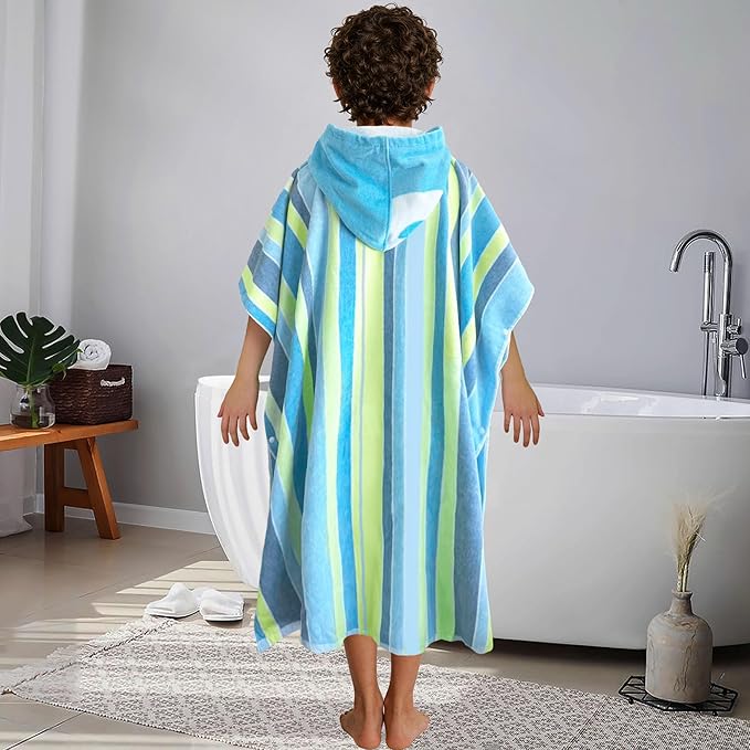 VOOVA & MOVAS Hooded Poncho Towel for Teens Unisex 100% Cotton Bright Colorful Beach Surfing Bath Cover Up Blue Yellow Stripe
