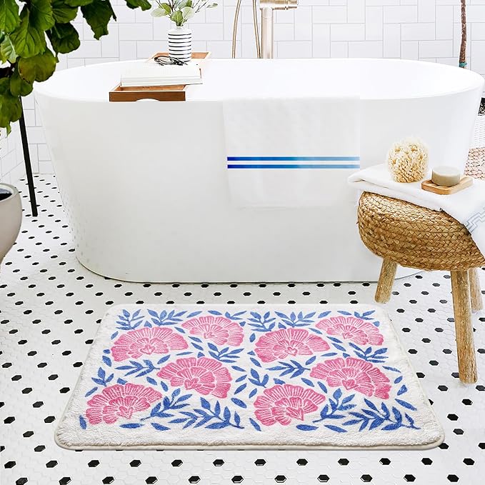 SHIYUE Cute Bath Mat for Bathroom Rugs, Ultra Soft and Fluffy Microfiber Water Absorption Non Slip Mat for Bedroom Kitchen Bathroom Toilet Floors(21"×30" Pink Flower)