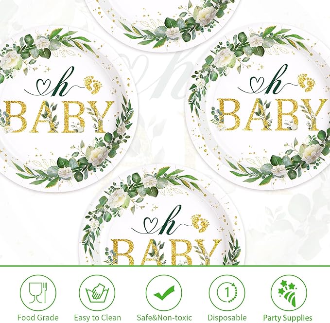 50Pcs Sage Green Baby Shower Round Plates 10'' Large Heavy Duty Disposable Green Eucalyptus Leaves Paper Plates Greenery Neutral Dessert Platters for Boys Girls Birthday Party Supplies Table Decor