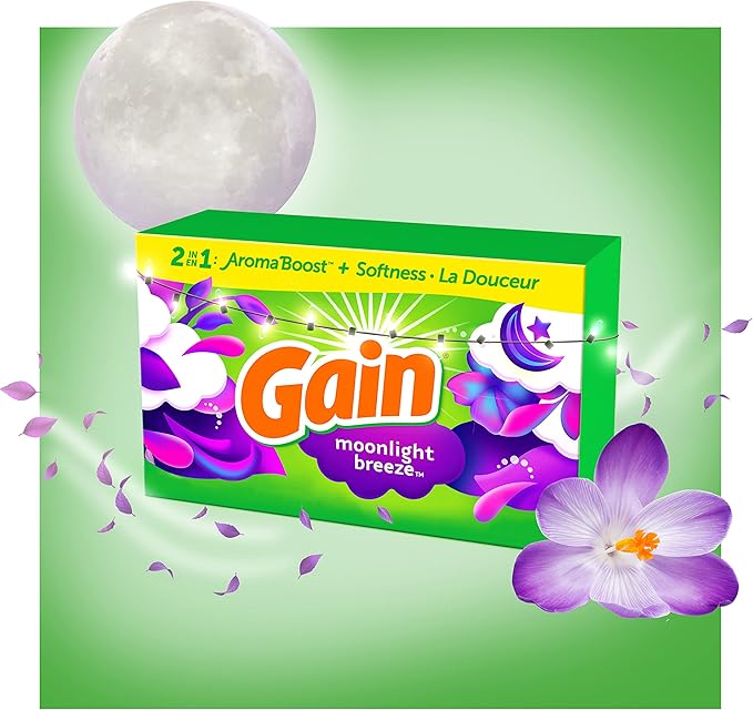 Gain Dryer Sheets Fabric Softener | Moonlight Breeze | Anti-Static | 240 Sheets, Pack of 4