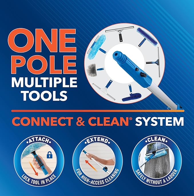 Unger Professional Connect and Clean 7’-24’ Aluminum Telescopic Extension Pole with Locking Cone and Quick-Flip Clamp, Indoor and Outdoor Use, Compatible with Cleaning Tool Attachments