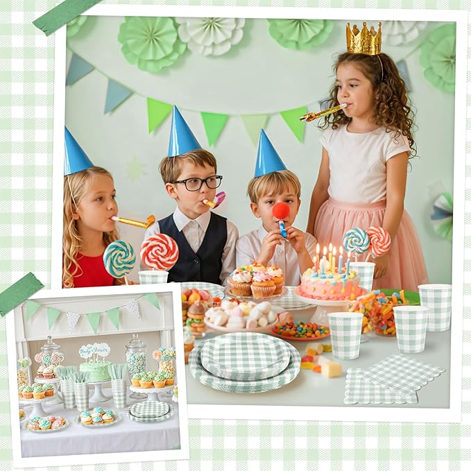 NatNarr 175 Pcs Sage Green Gingham Party Supplies Include Green Plates and Napkins Disposable Checkered Dinnerware Set for Baby Bridal Shower, Wedding, Birthday, Picnic