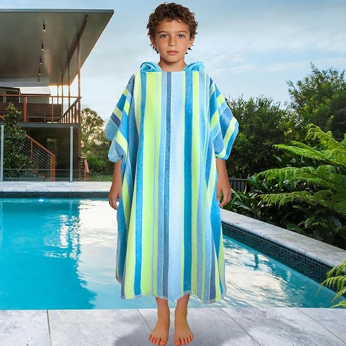 VOOVA & MOVAS Hooded Poncho Towel for Teens Unisex 100% Cotton Bright Colorful Beach Surfing Bath Cover Up Blue Yellow Stripe