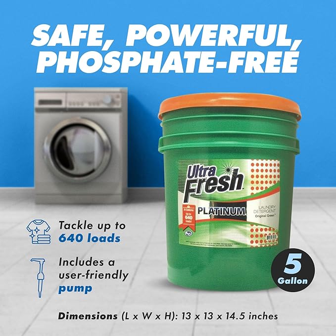 Ultra Fresh 3X Platinum 5 Gallon Laundry Detergent Liquid for All Machine Types with Easy Dispensing Pump, Up to 640 Loads, Original Green (5 Pack)