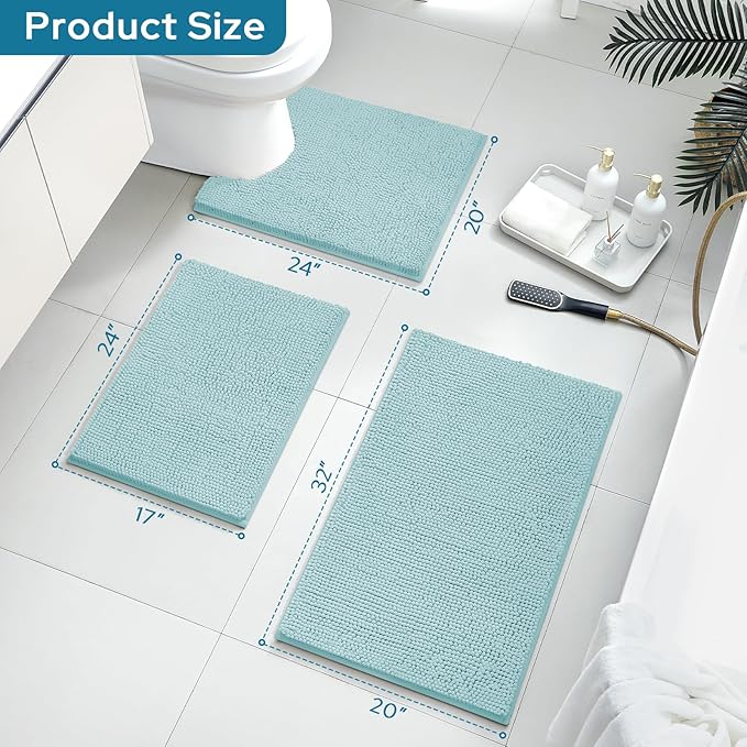 BYSURE Light Blue Bathroom Rugs Sets 3 Piece Non Slip Extra Absorbent Plush Chenille Soft Washable Bath Mats