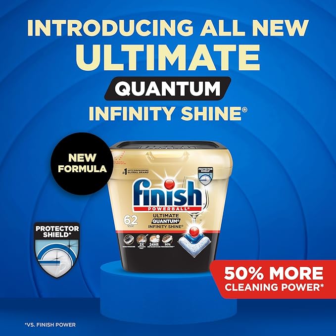 Finish Ultimate Infinity Shine Dishwasher Pods, No Pre-Rinse Dishwasher Detergent Soap Removes Burnt-On Stain, with Protector Shield & CycleSync Technology, Degreasing & Scrubbing Power, 62 Count