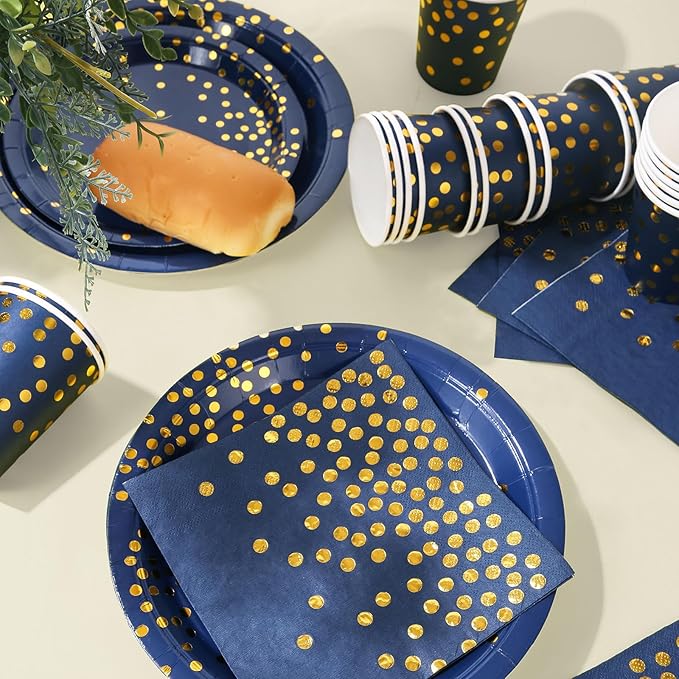 168Pcs Navy Blue Plates and Napkins Party Supplies, Blue Paper Plates Serve 24, blue and Gold Party Decorations, for Birthday, Fathers Day, Graduation, 4th of July