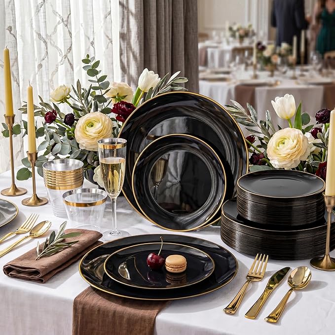 KIRE 100PCS Black and Gold Plates - Black Plastic Plates Disposable with Gold Rim Include 50Pcs 10.25inch Dinner Plate and 50Pcs 7.5inch Dessert/Salad Plate for Party/Wedding/Graduation/Father's Day