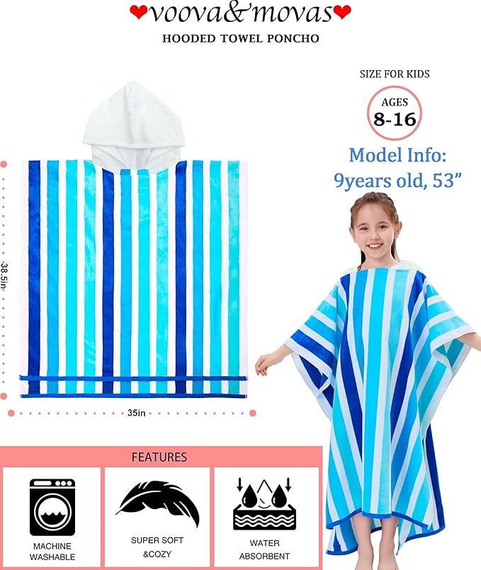 VOOVA & MOVAS Hooded Poncho Towel for Teens Unisex 100% Cotton Fresh Airy Beach Swim Bath Cover Up Blue Two Tone Stripe
