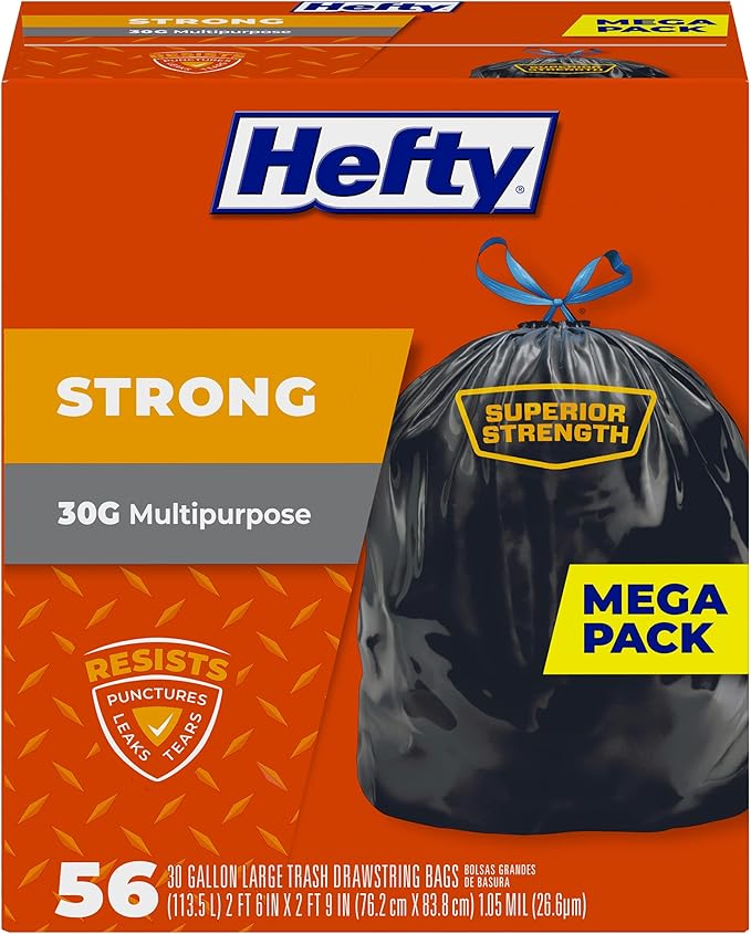Hefty Strong 30 Gallon Trash Bags, Large Trash Bags 30 Gallon Size, Durable Drawstring Enclosure, Resists Punctures, Leaks, and Tears, Black, Unscented, 56 Bags