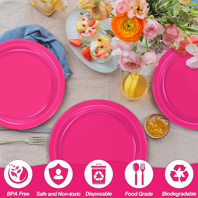 QZYL 50 PCS Paper Plates, Cerise Heavy Duty Party Plates, Round 9 Inches Disposable Paper Dinner Plates, Everyday Use Paper Plates Set for Daily Meals Wedding Christmas Picnic Supplies