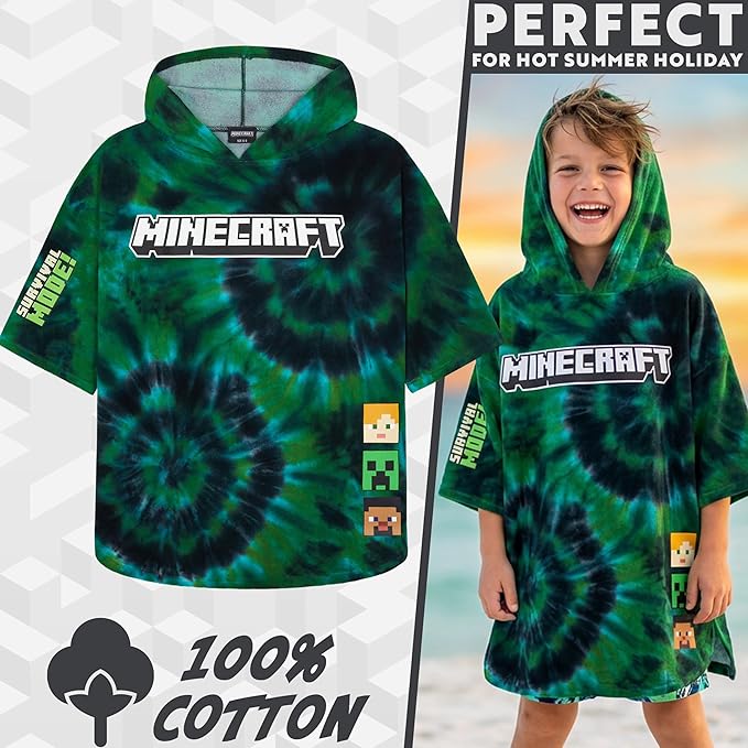 Minecraft Towelling Poncho Kids Teens Hooded Bath Towels Absorbent Beach Towel (Multi Tie Dye, 6-9 Years)