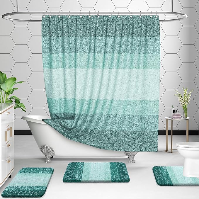 OLANLY Bathroom Rugs Sets 3 Piece, Soft Absorbent Microfiber Bath Mats and U-Shaped Contour Toilet Rug, Plush Shaggy Bath Mat Set for Bathroom (30"x20"+24"x16"+24"x20", Blackish Green)