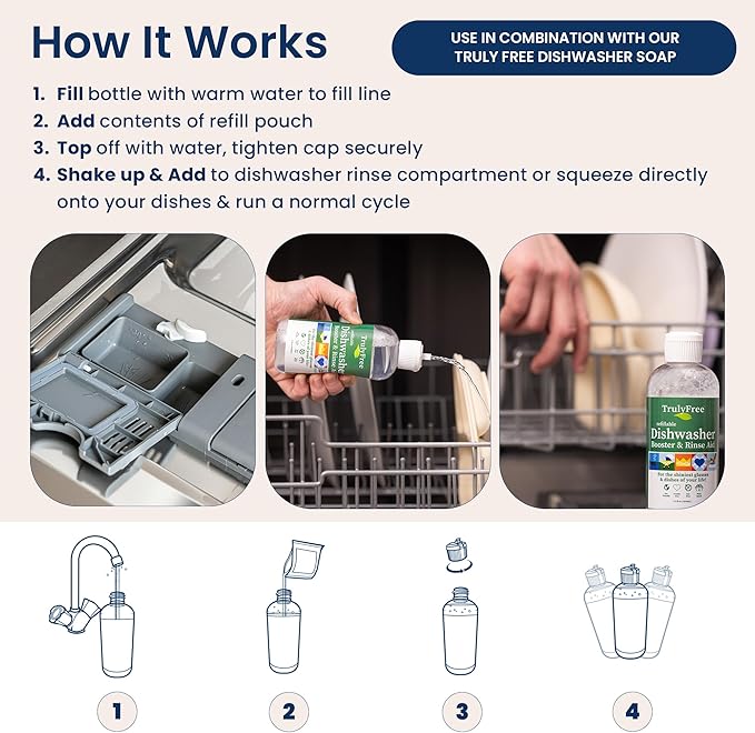 Truly Free Natural Dishwasher Booster & Rinse Aid Kit - Non-Toxic Dishwashing Aid Formula, Removes Residue & Tough Dish Stains, Water Spot Remover - 12 oz Reusable Empty Bottle + One Fill, 3 oz