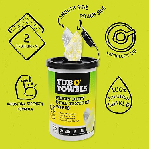 Tub O' Towels TW75 Heavy-Duty Multi-Surface Cleaning Wipes – Dual Texture 10" x 12" XL, 75 Count – Removes Grease, Tar, Oil, Paint, Ink & Tough Stains – Degreaser for Home, Garage, Auto & Workshop