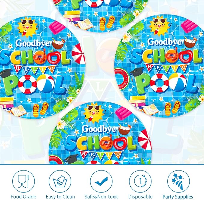 50Pcs Goodbye School Hello Pool Party Decorations Last Day of School's Pool Paper Plates 9" Disposable Summer Class End of School Year Party Decorations for Graduation Preschool Vacation Supplies