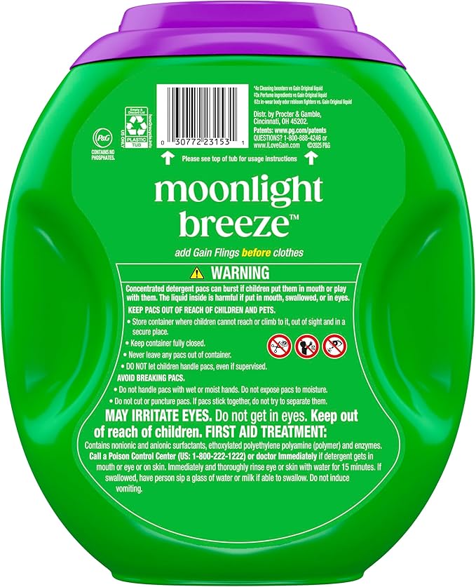Gain Plus Flings Liquid Laundry Detergent Pods, Gain's Best Clean, All-In-One Pacs, Moonlight Breeze Scent, 45 Count
