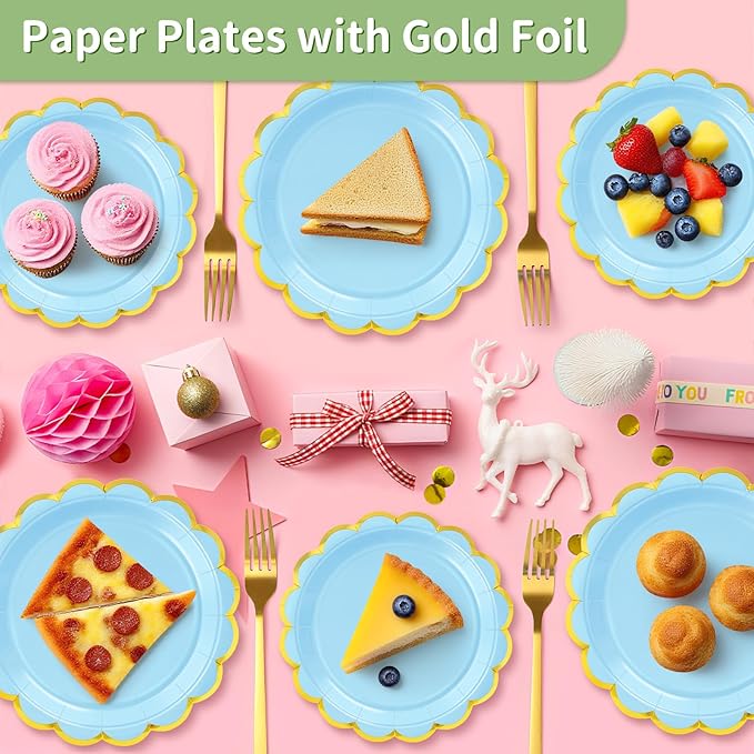 50 Pcs Light Blue Paper Plates, 25 Pcs 9" and 25 Pcs 7" Disposable Light Blue Scalloped Plates with Gold Foil for Graduation Wedding Baby Shower Birthday Party Picnic BBQ