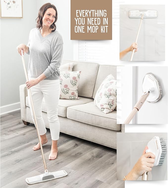 Quick Shine Ultimate Gold Clean + Polish Mop Kit, 9 Pc Set w/Interchangeable Attachments | 2-in-1 Pro Cleaning System w/ Microfiber Pads for All Floor Types | No Batteries Needed