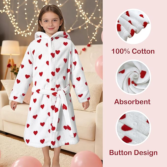 VOOVA & MOVAS Hooded Towel Robe for Girls 5-6Years,Slim Fit,Premium 100% Cotton, Super Soft Absorbent Bathrobe,Love Heart Pattern