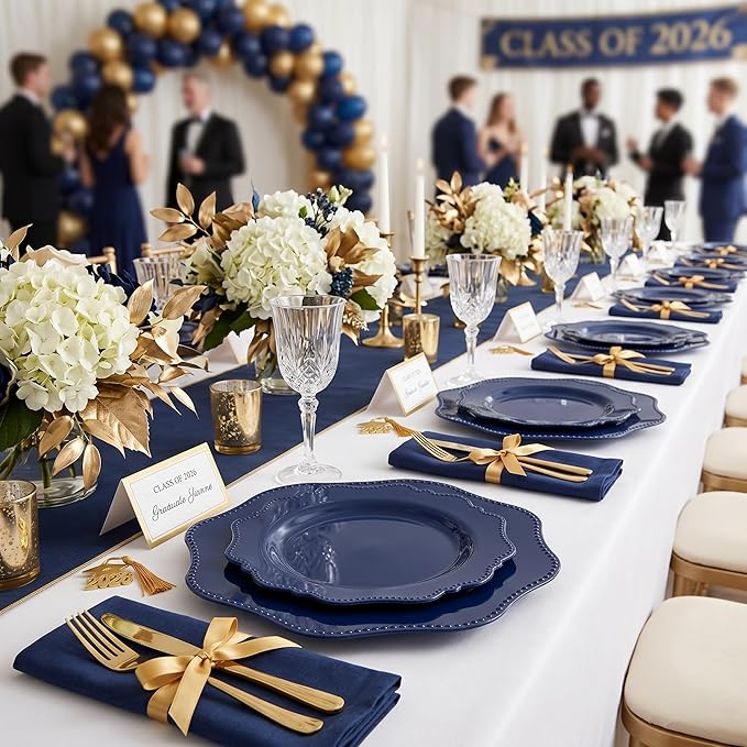 COLOSUS Navy Blue Disposable Plastic Party Plates Set Include 60pcs (30 guest) Dinner plate and Dessert Plate Heavy weight Party Dinnerware Plates