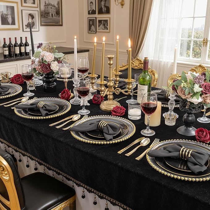 KIRE 60PCS Black Plastic Plates - Black Disposable Plates with Gold Rim - Include 30Pcs 10.25inch for Dinner and 30Pcs 7.5inch for Dessert for Wedding/Graduation/Party/Father's Day