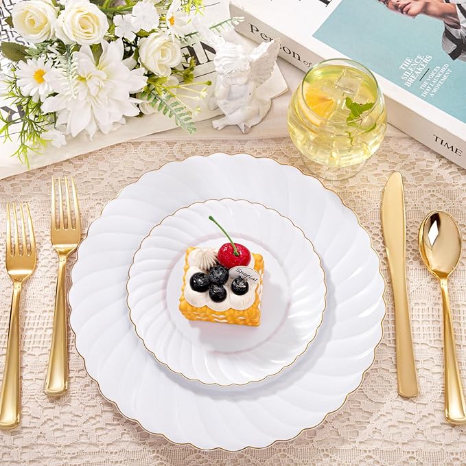 YOUBET 125PCS White Plastic Plates with Gold Rim, Gold Plates Disposable with Golden Silverware Include 25 Dinner Plate 25 Dessert Plate 25 Forks 25 Knives 25 Spoons For Wedding, Parties