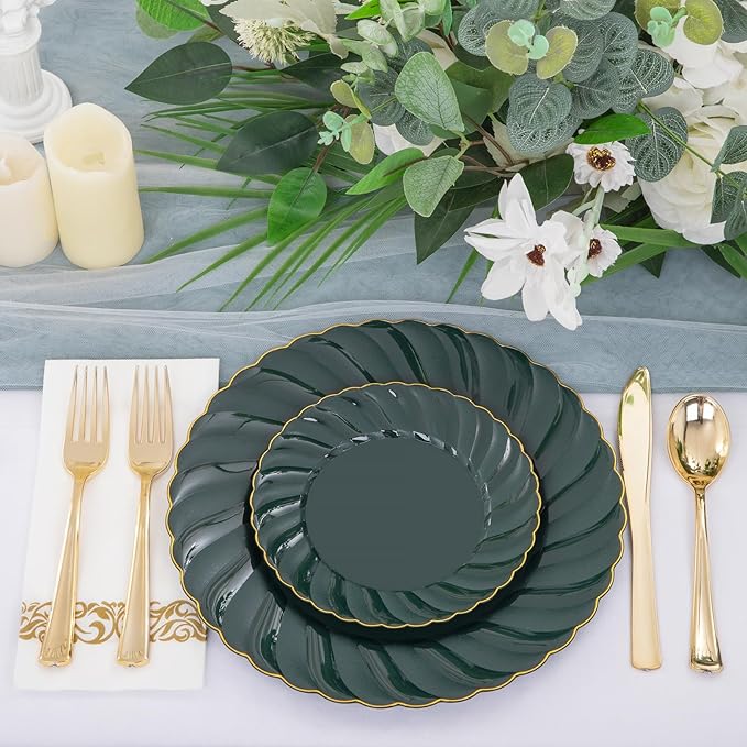 YOUBET 150PCS Emerald Green Plastic Plates - Green and Gold Disposable Dinnerware Include 50 Plates, 25 Knives, 25 Forks, 25 Spoons, 25 Napkins Ideal for Party & Wedding