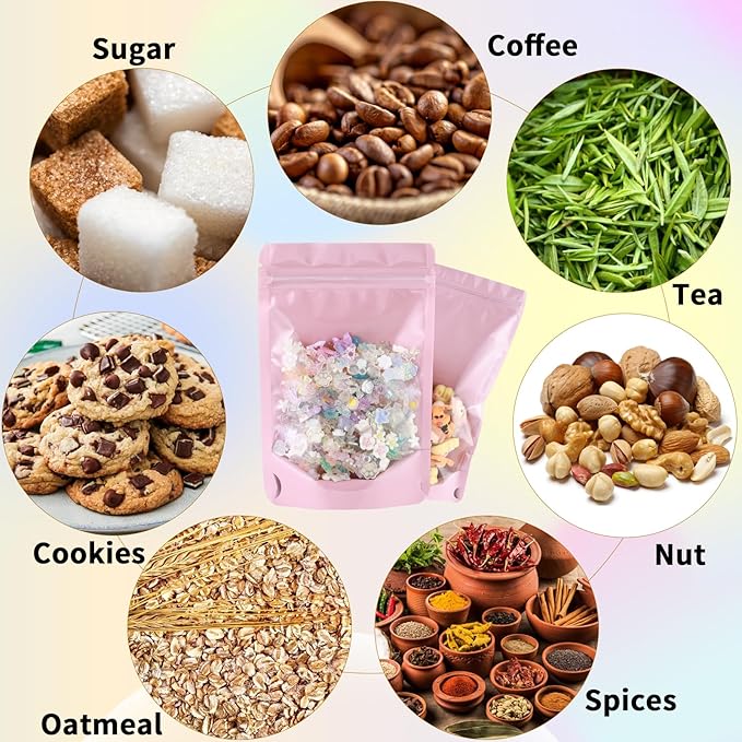 150 Pcs Mylar Bags for Food Storage, 6x9 Mylar Bag with Window Stand Up, Bulk Holographic Resealable Bags Smell Proof Bag Food Packaging for Small Business Freeze Dried Candy Jewelry Foil Packaging