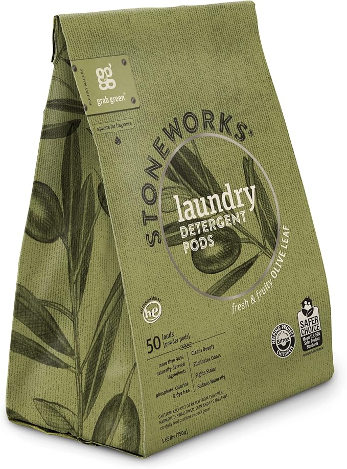 Grab Green Stoneworks Laundry Detergent Pods, 100 Count, Olive Leaf Scent, Plant And Mineral Based, Cleans Deeply, Eliminates Odors, Fights Stains