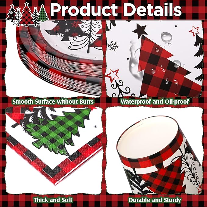Havawish 175 Pcs Christmas Party Supplies Christmas Tree Disposable Tableware Set Red Black Buffalo Plaids Oval Paper Plates Cups Napkins Fork Knife Spoon for Xmas Holiday Party Table Decorations