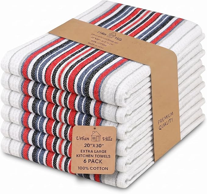 Urban Villa Kitchen Towels, Premium Quality, Cotton Dish Towels,Mitered Corners,Ultra Soft (Size: 20X30 in), White Waffle Stripes, Highly Absorbent Bar Towels & Tea Towels - (Set of 6)